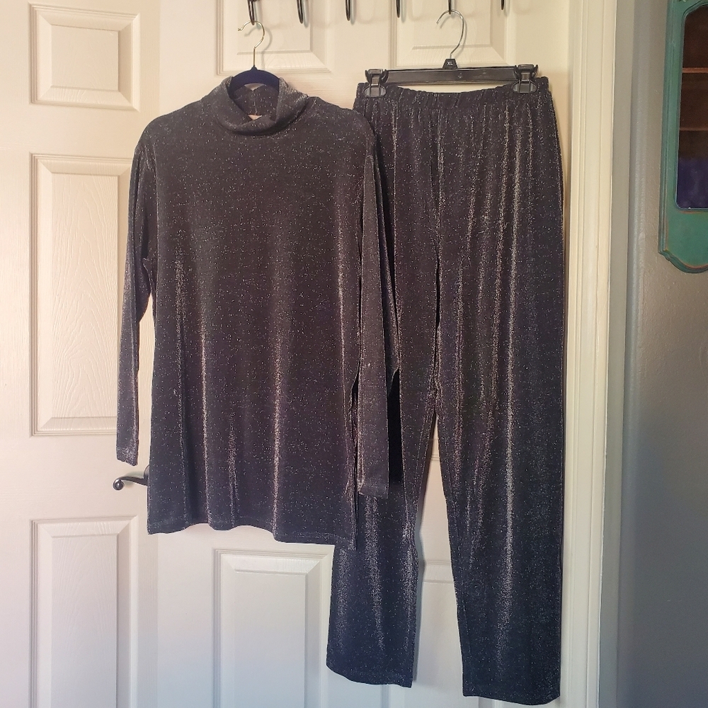 Leo Narducci Gray Sparkly Pant‎ Set Metallic Classy Vintage Elastic Waist Medium